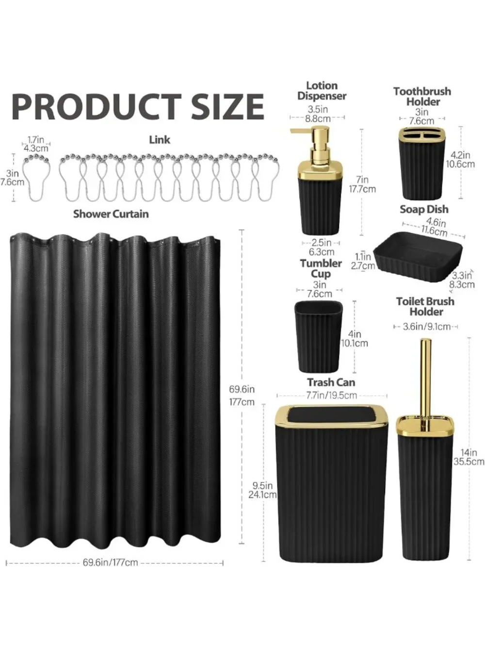 Stylish Bathroom Accessory Set: Shower Curtain, Toilet Brush, Trash Can & Soap